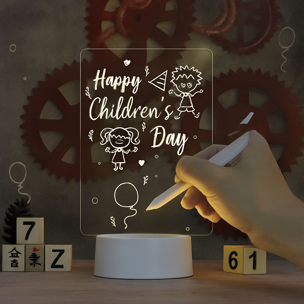 Luz Nocturna LED Transparente con Luz Acrílica – Pizarra de Mensajes Borrable USB con Calendario y Decoración de Escritorio